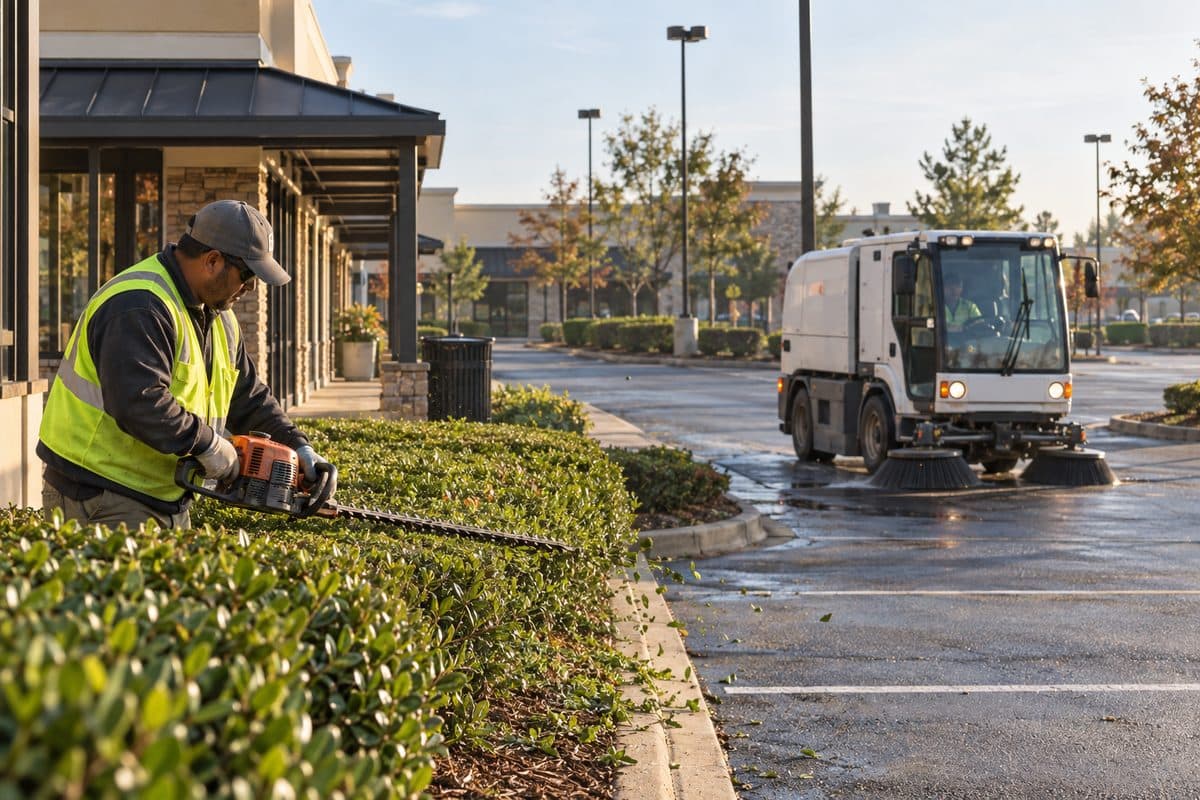 A landscaper trims hedges while a parking-lot sweeper cleans the lot at a retail center