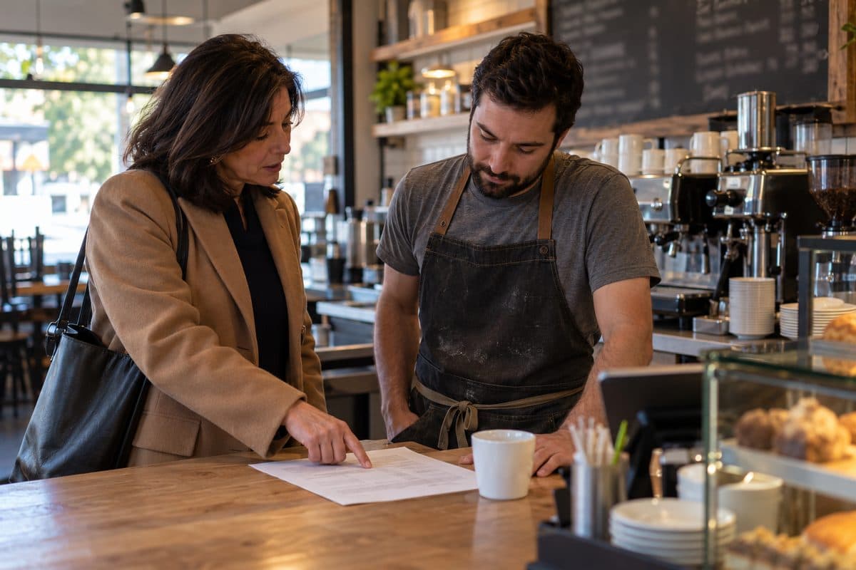 A landlord and a cafe owner review a one-page statement together at the cafe counter