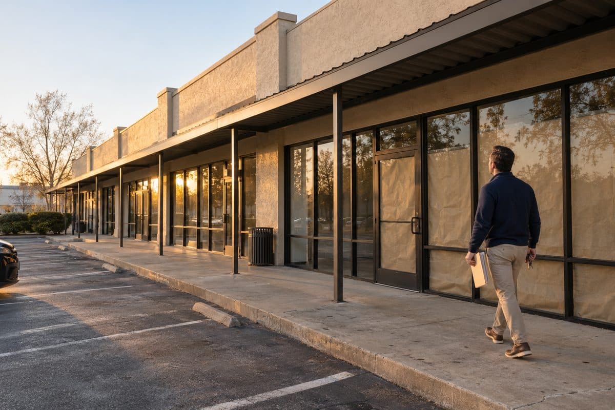 A new owner walks the covered walkway of a small strip center at sunrise, keys and folder in hand