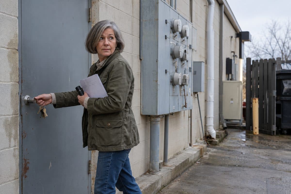 An owner unlocks the utility room at the back of a small retail building, keys and a work order in hand