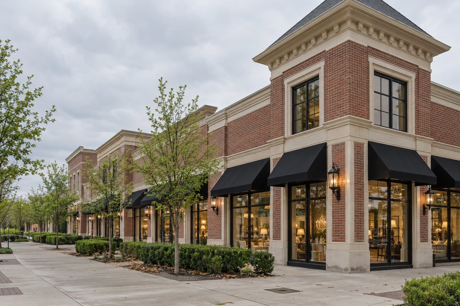 A red-brick retail center with black awnings on an overcast day
