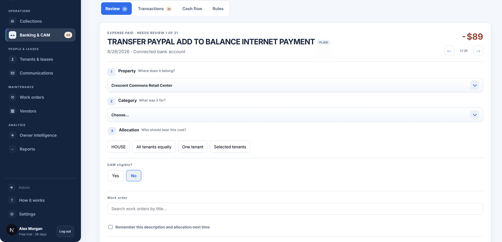 TenantPoint bank transaction review screen with category, allocation, and CAM-eligibility fields